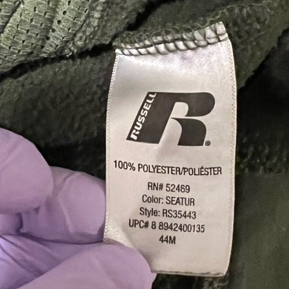 Russell Mens Army Green Fleece Drawstring Hoodie Sweater Jacket Size XLarge - Picture 7 of 10